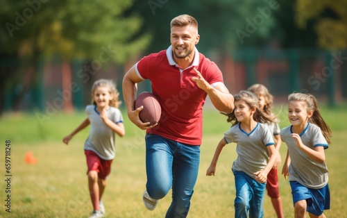 Elementary school coach playing American football with his students