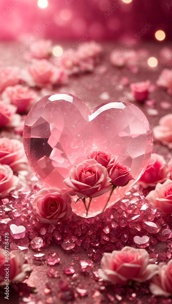 Rose Quartz crystal stones in heart shaped with pink roses flower bokeh background. 