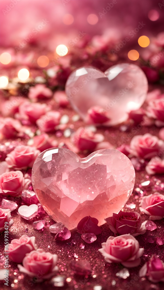 Rose Quartz crystal stones in heart shaped with pink roses flower bokeh background. Rose Quartz crystal stones in heart shaped with pink roses flower bokeh background.