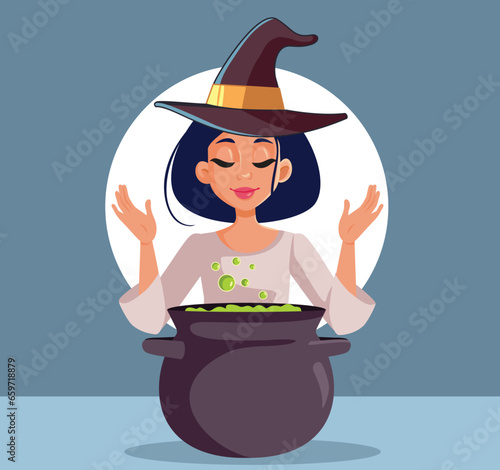 Beautiful Witch Making a Magic Potion in a Cauldron Vector Cartoon. Beautiful woman practicing witchcraft preparing a magical elixir 