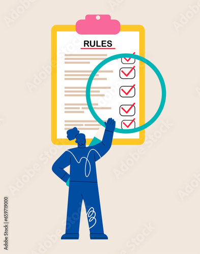 Business people studying list of rules, reading guidance, making checklist.  Colorful vector illustration