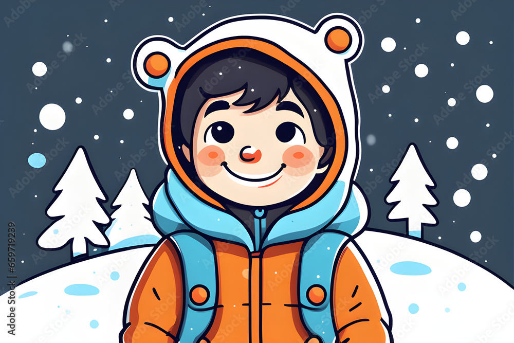 with a big smile, a cute little boy, a snowy, warm outfit, Generative AI