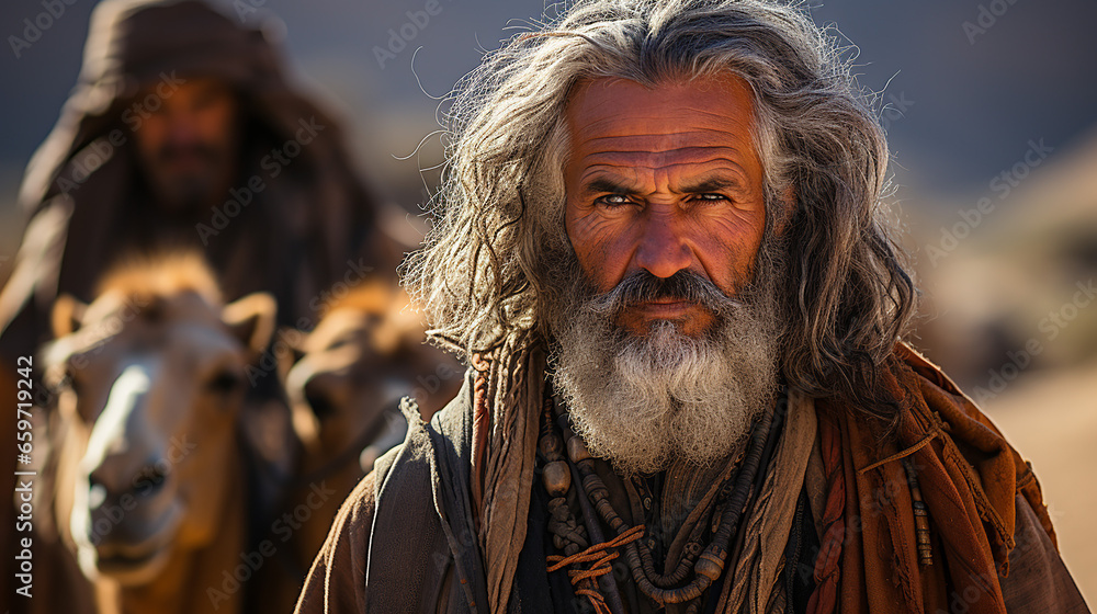 Porträt eines alten Mannes mit langen grauen Haaren und Bart in der Wüste. Portrait of an old man with long gray hair and beard in the desert.