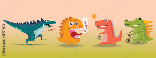 Set of cute dinosaur prehistoric cartoon animal vector illustration.