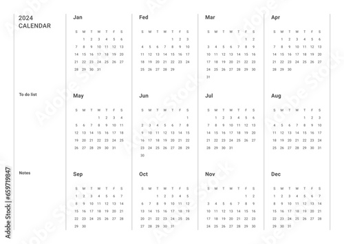 A simple and minimalist style annual template with a 2024 year 12 month calendar. Note, scheduler, diary, calendar, planner design template illustration.
