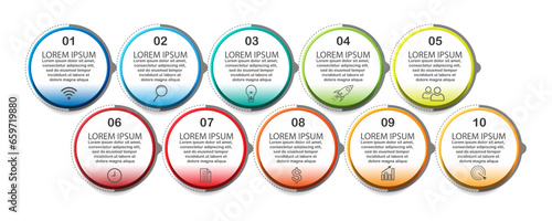 infographic template design, minimalist concept, interconnected circles with 10 steps, lines and colors in each step, good for your business presentation