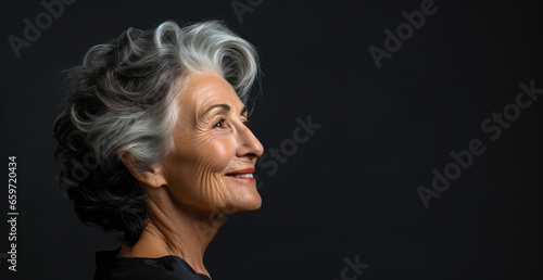Elderly woman with white hair and a black shirt looking off to the side with a neutral expression, background is black.