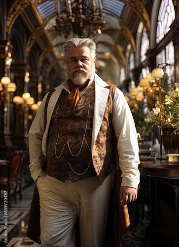 An elegant obese man in vintage clothing in a large hall.