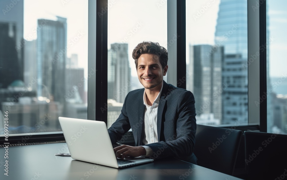 Successful startup CEO sitting at his desk with a laptop Successful startup CEO sitting at his desk with a laptop