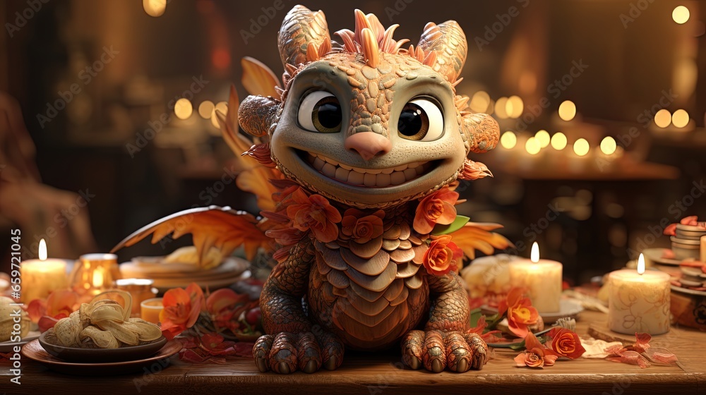Cute baby dragon smiling on a table full of food.