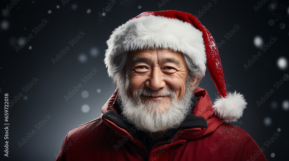 portrait of smiling asian senior man in Santa Claus hat with long white beard looking at camera against dark background portrait of smiling asian senior man in Santa Claus hat with long white beard looking at camera against dark background