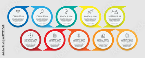infographic template design, minimalist concept, interconnected circles with 10 steps, lines and colors in each step, good for your business presentation
