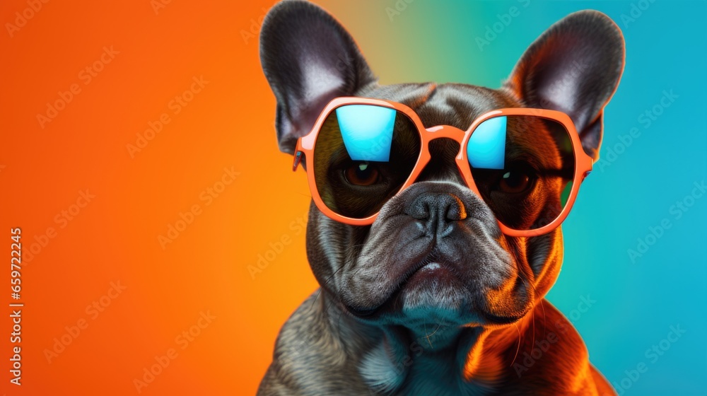 Obraz na płótnie A dog in sunglasses on a monochromatic background with multi-colored lighting. Joke and relaxation. w salonie
