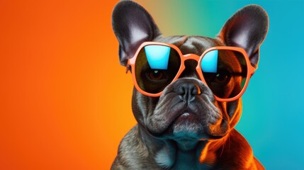 A dog in sunglasses on a monochromatic background with multi-colored lighting. Joke and relaxation.