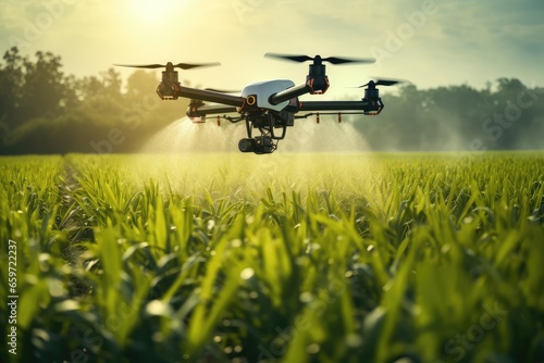 Smart farm drone flying spray over green field, Modern technologies in agriculture.