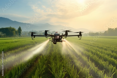 Smart farm drone flying spray over green field, Modern technologies in agriculture.