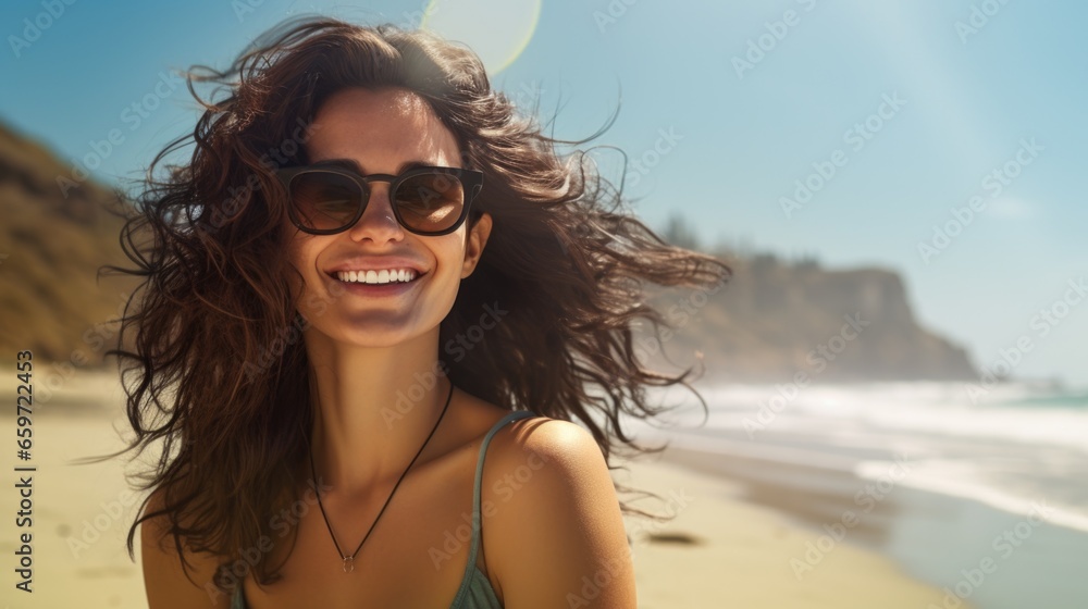 Beautiful happy woman relaxing on the beach. Vacation time by the sea. Beautiful happy woman relaxing on the beach. Vacation time by the sea.
