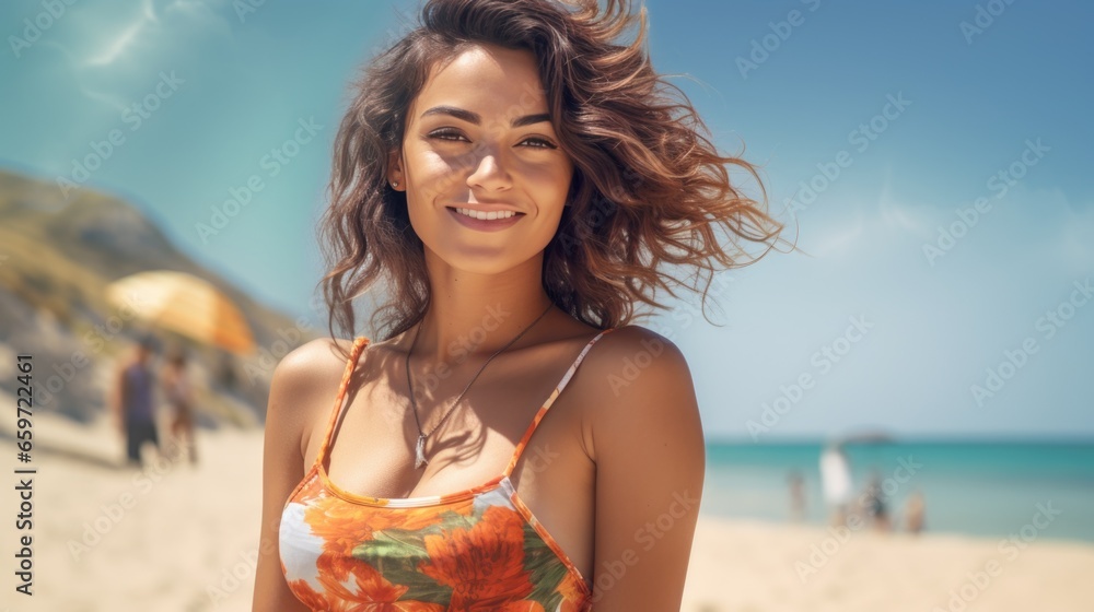 Beautiful happy woman relaxing on the beach. Vacation time by the sea. Beautiful happy woman relaxing on the beach. Vacation time by the sea.