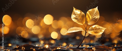 a brigth yellow leaf is in front of a light shining, in the style of bokeh panorama, gold leaf