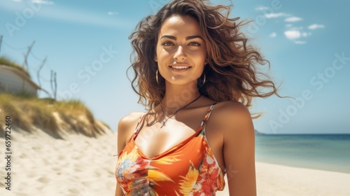 Beautiful happy woman relaxing on the beach. Vacation time by the sea.