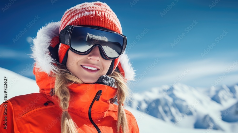 Beautiful woman at a ski resort in winter clothes. Active lifestyle, vacation and recreation.