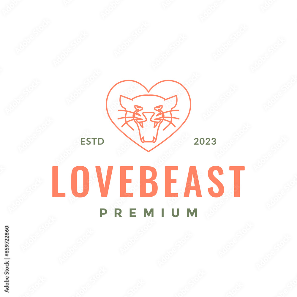 beast animal roar panther love heart line style minimal simple hipster logo design vector icon illustration