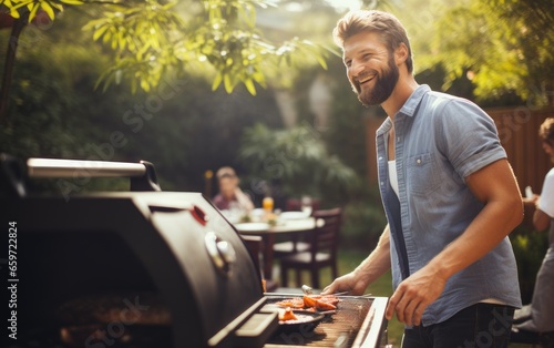 Happy man grilling in his backyard talking with his friends and family