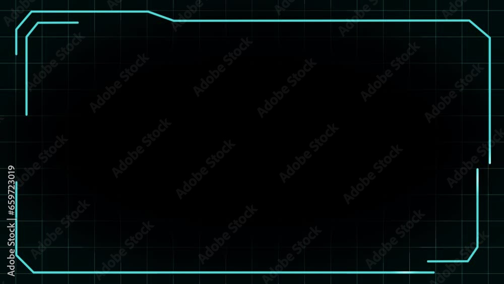 Futuristic HUD interface frame panel control screen with grid texture, vignette effect and strokes passing thru to be used as overlay. Alpha channel. ProRes 4444. Animation. Green screen. Loop Animati