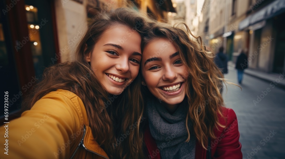 Two young laughing happy women taking a selfie on the phone. Friendship and lifestyle. Two young laughing happy women taking a selfie on the phone. Friendship and lifestyle.