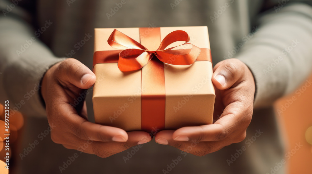 Man hands holding gift box, Present, Celebration, Surprise. Generative AI