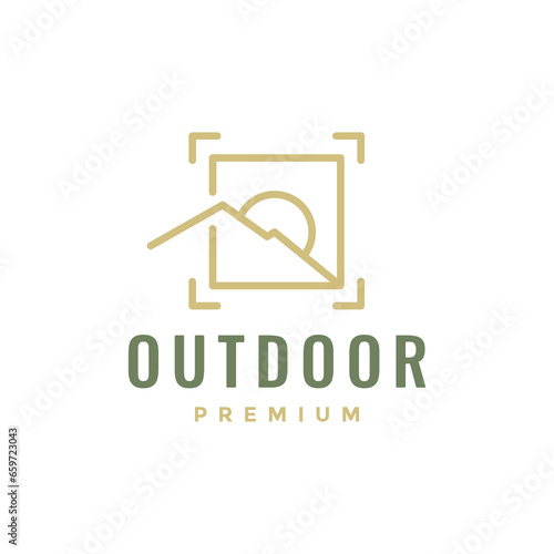 outdoor adventure capture photo lens mountain sun simple line minimal logo design vector icon illustration