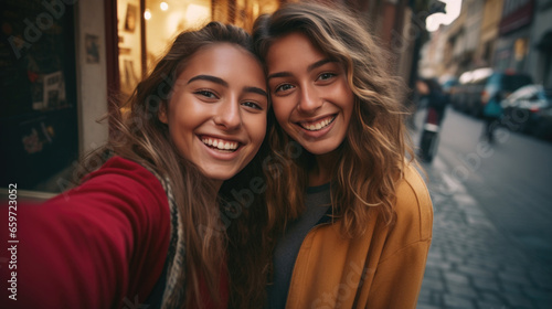 Two young laughing happy women taking a selfie on the phone. Friendship and lifestyle.