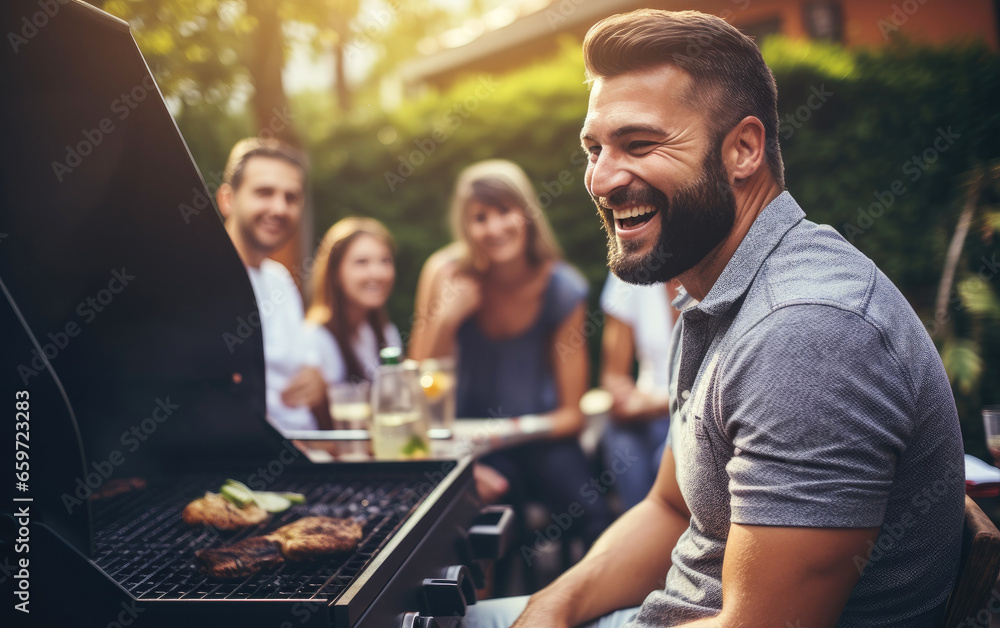 Happy man grilling in his backyard talking with his friends and family Happy man grilling in his backyard talking with his friends and family