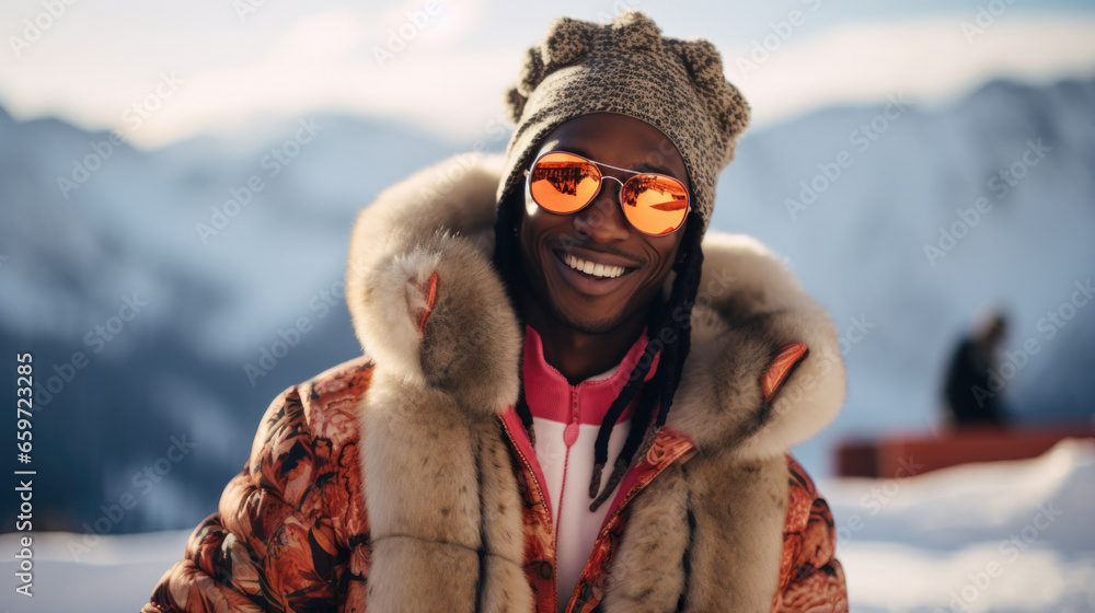 Luxury African American model at a ski resort wearing winter fashion clothes. Fashion and beauty. - obrazy, fototapety, plakaty 