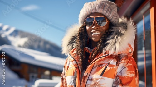 Luxury African American model at a ski resort wearing winter fashion clothes. Fashion and beauty.