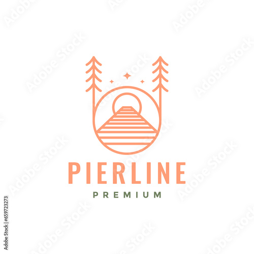 pier water forest tree circle line style minimal hipster logo design vector icon illustration
