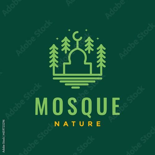 muslim place pray every where forest mosque dome line minimal logo design vector icon illustration