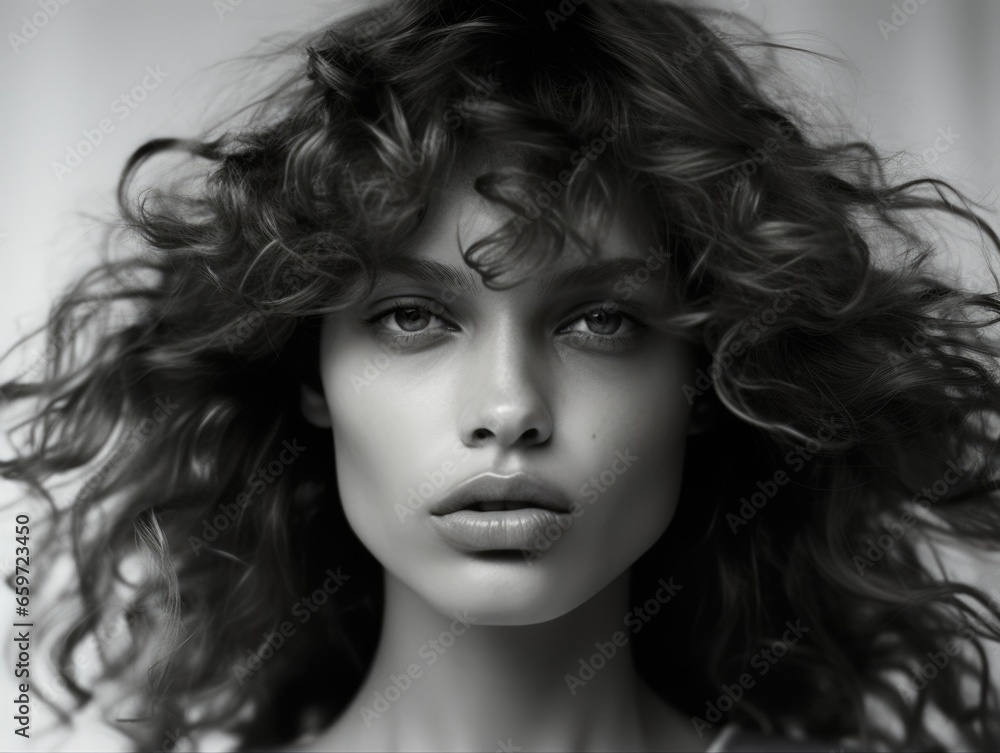 Fototapeta premium Cute Italian brunette woman with curly hair posing in front of the camera. Fashion and beauty.