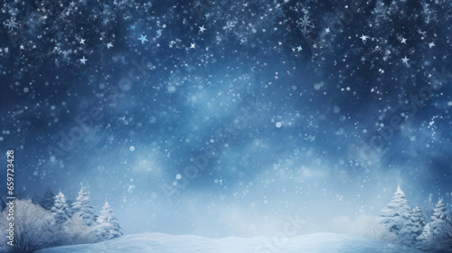 Blue Christmas background with trees, snowflakes, Shiny sparkles, Glittering, Copy space. Generative AI