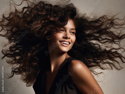 Cute Italian brunette woman with curly hair posing in front of the camera. Fashion and beauty.