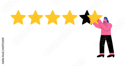 Customer review and user rating five stars, Business woman holding a gold star in hand. Flat vector illustration isolated on white background