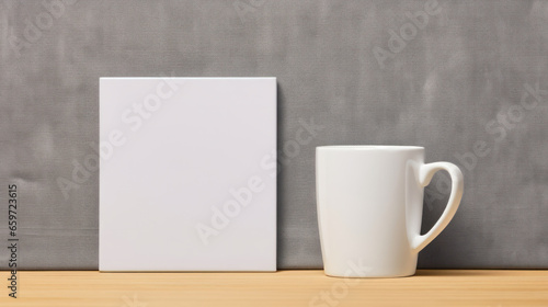 Blank white cup of coffee and white paper packaging mockup on wooden table, Display for merchandise. Generative AI