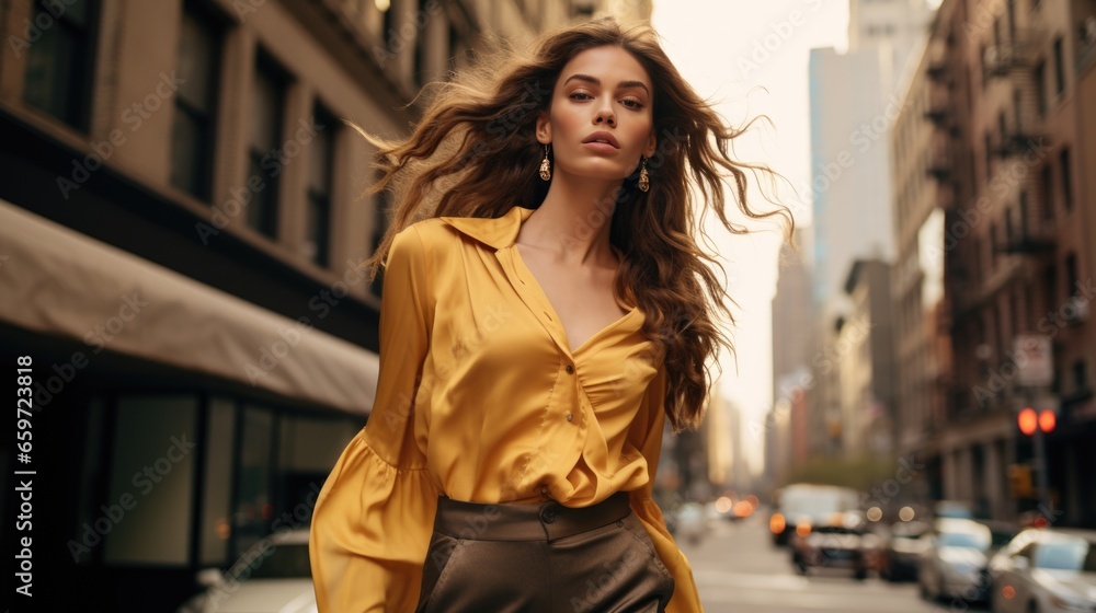 A young attractive woman demonstrates fashionable clothes on a city street. Dynamic pose. Fashion, female beauty.