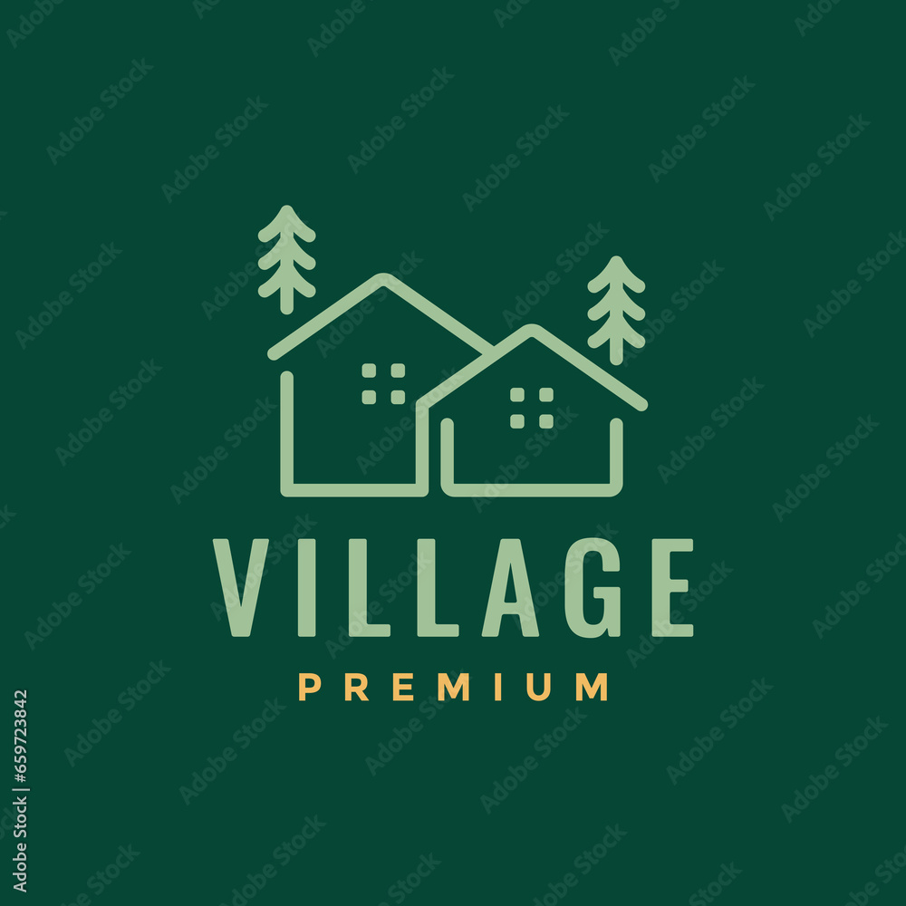 house village cottage tree nature simple style line minimalist logo design vector icon illustration