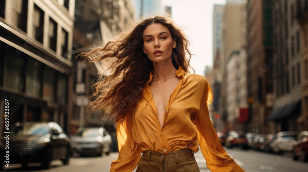 Fototapeta premium A young attractive woman demonstrates fashionable clothes on a city street. Dynamic pose. Fashion, female beauty.