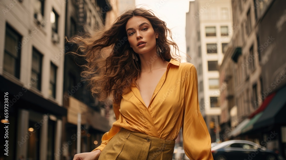 Fototapeta premium A young attractive woman demonstrates fashionable clothes on a city street. Dynamic pose. Fashion, female beauty.