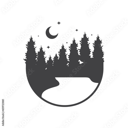 lake forest trees pines nature outdoor night crescent circle sticker logo design vector icon illustration