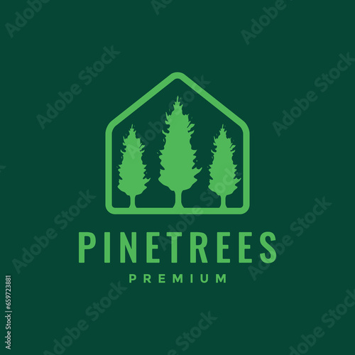 house of pines tree spruce modern simple minimalist line style logo design vector icon illustration