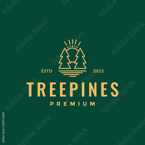 trees pines forest lake sunset sunburst simple line style minimalist logo design vector icon illustration