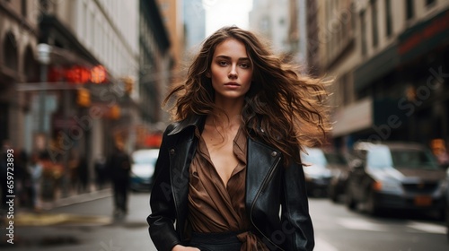 A young attractive woman demonstrates fashionable clothes on a city street. Dynamic pose. Fashion, female beauty.